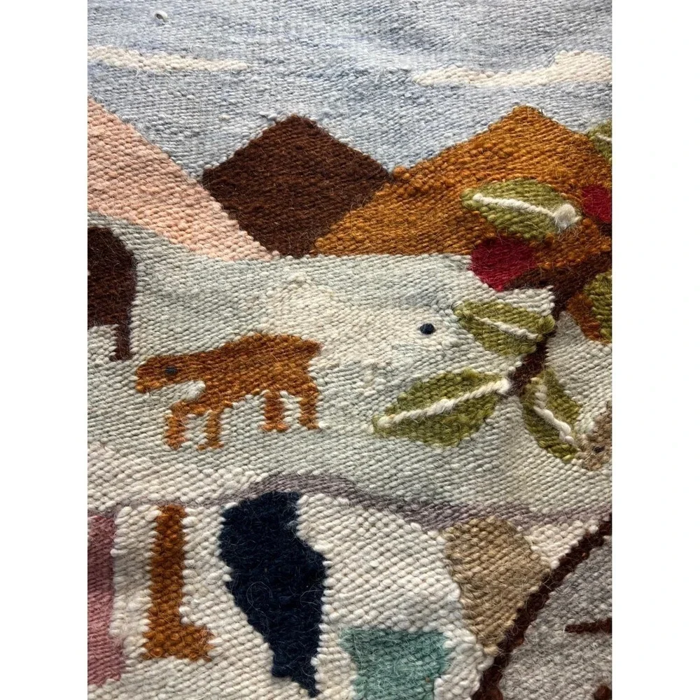 Vintage Afro Weavers Wool Hand Woven Tapestry Village Scene Wall Hanging 95x90